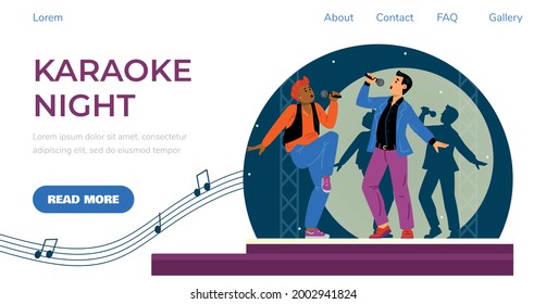 Karaoke night website banner or landing page template. Karaoke club party event advertising web page mockup with singing people, flat vector illustration.