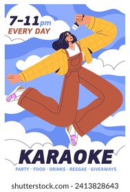 Karaoke party, ad flyer design. Music and song show poster, vertical background template. Voice event, promotion card, advertisement with woman singing, flying in sky. Flat graphic vector illustration