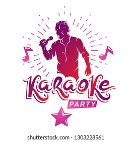 Karaoke party advertising poster composed with stage or recorder microphone vector illustration and musical notes. Superstar performance advertising announcement, feel yourself like a star.