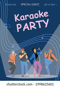 Karaoke party banner design with singing people characters, flat vector illustration on blue background. Karaoke night advertising invitation poster template.