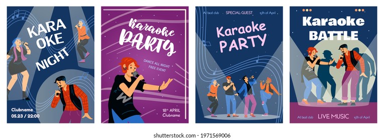 Karaoke party cards or posters with cartoon people enjoying singing, flat vector illustration. Colorful banners for karaoke battle or party advertising.