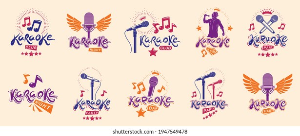 Karaoke party or club logos and emblems vector set isolated, singing music nightlife entertainment weekend theme, microphones and musical notes compositions.