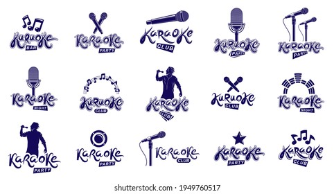 Karaoke party or club logos and emblems vector set isolated, singing music nightlife entertainment weekend theme, microphones and musical notes compositions.