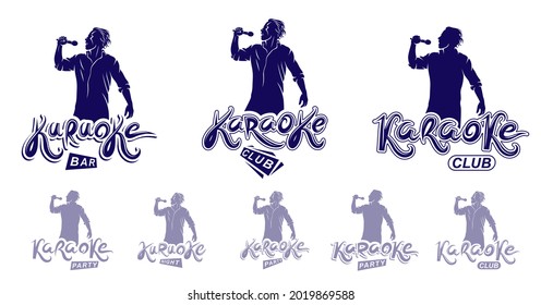 Logotipos y emblemas de la fiesta de karaoke o del club con el vector de silueta de cantante superestrella aislado, cantando música tema del fin de semana de entretenimiento nocturno.