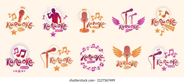 Logotipo de fiesta de karaoke o discoteca y emblemas vectoriales aislados, cantando música tema del fin de semana de entretenimiento nocturno, micrófonos y composiciones de notas musicales.