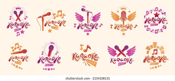 Karaoke party or club logos and emblems vector set isolated, singing music nightlife entertainment weekend theme, microphones and musical notes compositions.