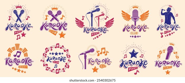 Karaoke festa ou clube logotipos e emblemas vetor conjunto isolado, música música tema de fim de semana de entretenimento de vida noturna, microfones e composições de notas musicais.