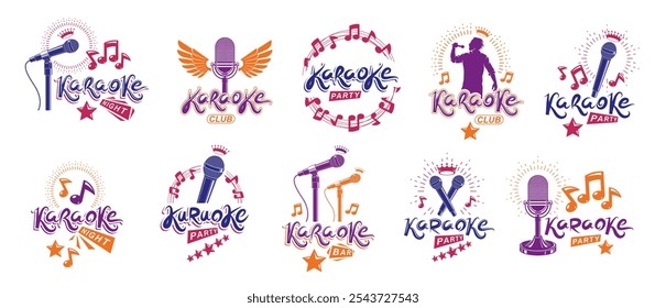 Karaoke festa ou clube logotipos e emblemas vetor conjunto isolado, música música tema de fim de semana de entretenimento de vida noturna, microfones e composições de notas musicais.