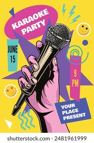 Karaoke party colorful vintage flyer with microphone in hand to invite people who love to sing comic style vector illustration