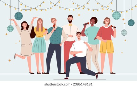 El concepto de la fiesta de Karaoke. Hombres y mujeres con micrófonos. Jóvenes y chicos cantan. EVent en discoteca con decoración. Dibujo vectorial plano de dibujos animados aislado en fondo gris