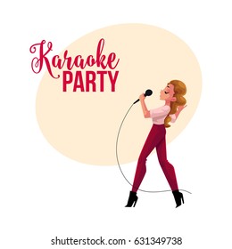 Karaoke party, contest banner, poster, postcard design with female singer, cartoon vector illustration on white background. Karaoke party banner with full length portrait of pretty woman singing