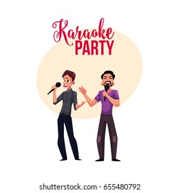 Karaoke party, contest banner, poster, postcard design with two men singing together, in duet, cartoon vector illustration on white background. Karaoke party banner with two men singing
