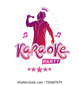 Karaoke party flyers vector cover design created using musical notes, stars and soloist singing to microphone. Emcee show advertising poster