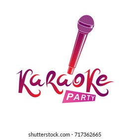 Karaoke party inscription, nightlife entertainment conceptual vector emblem created using microphone audio device.