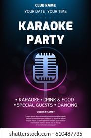 Karaoke party invitation flyer template. Dark background with abstract light and glare. Retro microphone silhouette in center. A4 size. Vector eps 10.