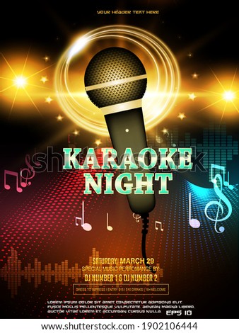 Karaoke party invitation flyer template.  Microphone on an abstract dotted background, light effect, musical notes. Concept for a night club advertising company. Creative invite poster. Vector eps 10