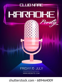 Karaoke party invitation poster design template. Neon glowing flyer with vintage microphone.