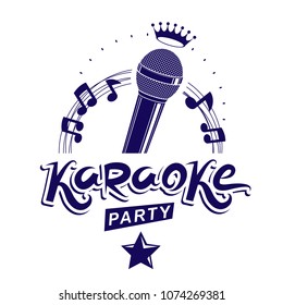 Karaoke party invitation poster, live music vector concert advertising leaflet composed using stage or recorder microphone and musical notes.