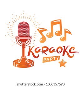 Karaoke party invitation poster, live music vector concert advertising leaflet composed using stage or recorder microphone and musical notes.