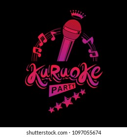 Karaoke party invitation poster, live music vector concert advertising leaflet composed using stage or recorder microphone and musical notes.