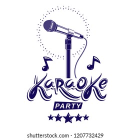 Karaoke party invitation poster, live music vector concert advertising leaflet composed using stage or recorder microphone and musical notes.