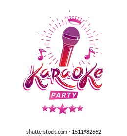 Karaoke party invitation poster, live music vector concert advertising leaflet composed using stage or recorder microphone and musical notes.