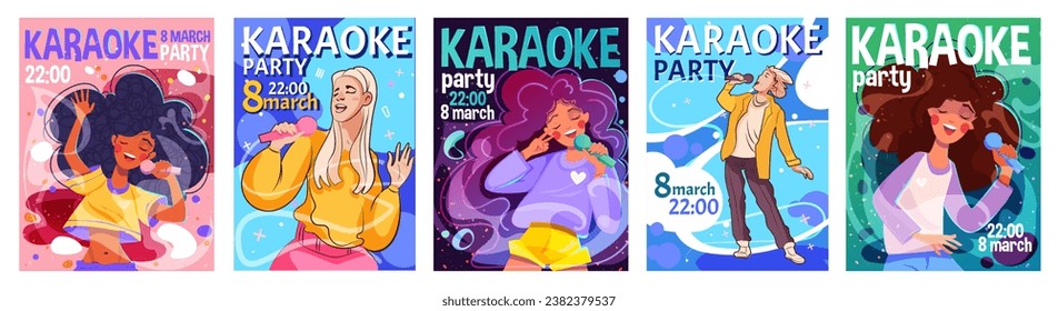 Karaoke party invitation set. Characters with microphones sing songs at music festival. Promotional flyer for vocal event or concert. Cartoon flat vector collection isolated on white background