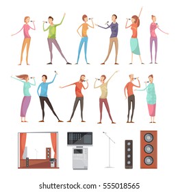 Karaoke Party Isolated Icon Set With Full Length Singing People Characters Acoustics Microphones Tv And Furniture Vector Illustration