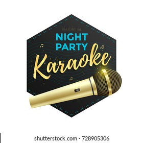 Karaoke party label or icon design with golden microphone. Vector illustration