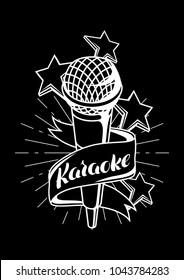 Karaoke party label. Music event background. Illustration with microphone in retro style.