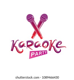 Karaoke party lettering, rap battle vector emblem created using two crossed microphones audio equipment.  