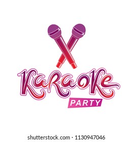 Karaoke party lettering, rap battle vector emblem created using two crossed microphones audio equipment.  