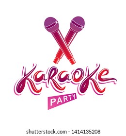 Karaoke party lettering, rap battle vector emblem created using two crossed microphones audio equipment.  