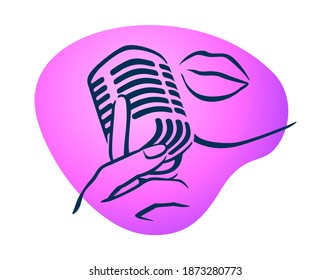 Karaoke Party or Live concert poster element - drawn silhouette of singing woman lips and vintage microphone in hands 