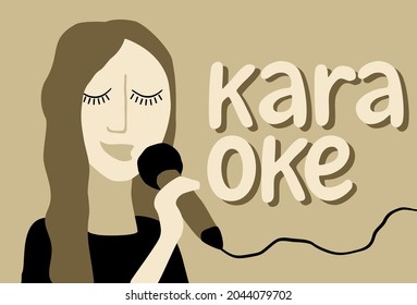 Karaoke Party or Live concert poster template - abstract, simple and drawn singing woman and microphone in hands 