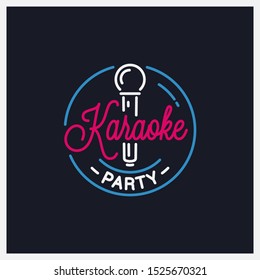Karaoke party logo. Round linear logo of karaoke microphone on black background