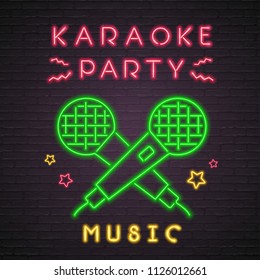 Karaoke Party Music Neon Light Glowing vector illustration with Microphone neon Icon