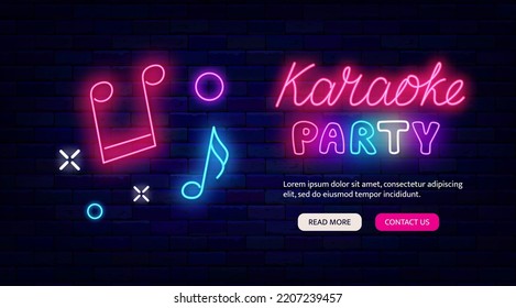 Karaoke Party Neon Flyer. Notes Icon. Website Landing Page Template. Talent Show. Light Sign. Night Club Logotype. Dance Event, Glowing Effect Promotion. Vector Stock Illustration