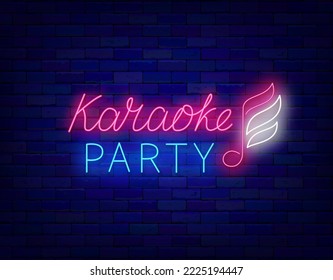 Karaoke party neon label on brick wall. Music note with wings. Talent show. Light sign. Night club logotype. Glowing effect badge. Vector stock illustration