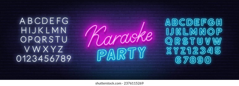 Karaoke party neon lettering  on brick wall background.