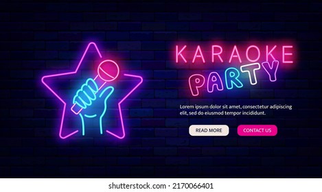 Karaoke party neon promotion. Website landing page. Star shape and microphone in man hand. Light sign. Label for show. Outer glowing effect. Editable stroke. Vector stock illustration