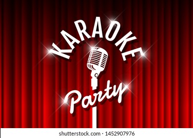 Karaoke Party Night Live Show Open Mic On Empty Theatre Stage. Vintage Microphone Against Red Curtain Drape Backdrop. Retro Vector Art Image Illustration