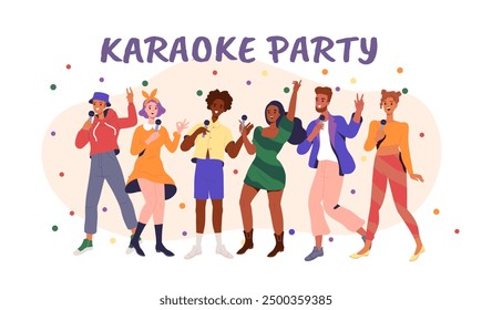 Karaoke party people. Happy men and women with microphones sing. Creativity and art. Party and disco. Young guys and girls with mics. Flat vector illustration isolated on white background
