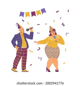 Karaoke party performance or competition. Cute funny couple of senior singing man and woman, flat cartoon vector illustration isolated on white background.
