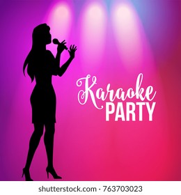 Karaoke party poster, banner design with silhouette of singing woman over colorful abstract background, vector illustration. Full length silhouette of singing woman on spotlight, karaoke party banner