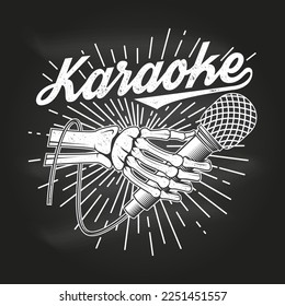 Karaoke party poster, banner on chalkboard. Skeleton hand with retro microphone with sunburst vintage typography design for t shirt, emblem, logo, badge design. Vector illustration. Bones hand vintage