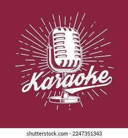 Karaoke party poster, banner. Retro microphone with sunburst vintage typography design for t shirt, emblem, logo, badge design. Vector illustration