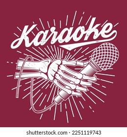 Karaoke party poster, banner. Skeleton hand with retro microphone with sunburst vintage typography design for t shirt, emblem, logo, badge design. Vector illustration. Bones hand vintage.