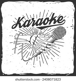 Karaoke party poster, banner. Skeleton hand with retro microphone with sunburst vintage typography design for t shirt, emblem, logo, badge design. Vector illustration. Bones hand vintage.