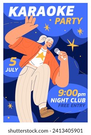 Karaoke party poster design. Song event, festival, live show at night club, flyer background template. Vertical advertising banner, ad card, promotion with woman singing. Flat vector illustration